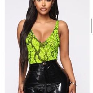 Lime green snake skin body suit from FashionNova.